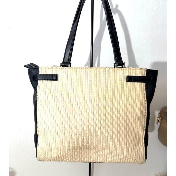 Kate Spade Woven Straw Tote Black Leather Trim Spade Lock - Picture 3 of 13